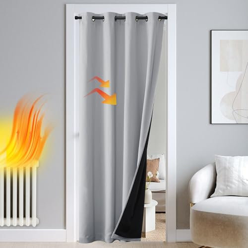 PONY DANCE Thermovorhang Hitzeschutz Tür Doppellagige und Dicke Verdunklungsgardine 1 Stück H 240 x B 140 cm Ösenvorhang Blickdicht Schlafzimmer Gardinen Wärmeisolierend, Hellgrau