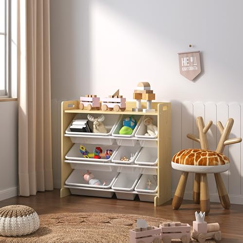 Generic Kids Toy Storage Organiser, 9-Shelf Modern Toy Box Organiser, Bedroom, Playroom, Nursery (Grey Wood With White Bins)