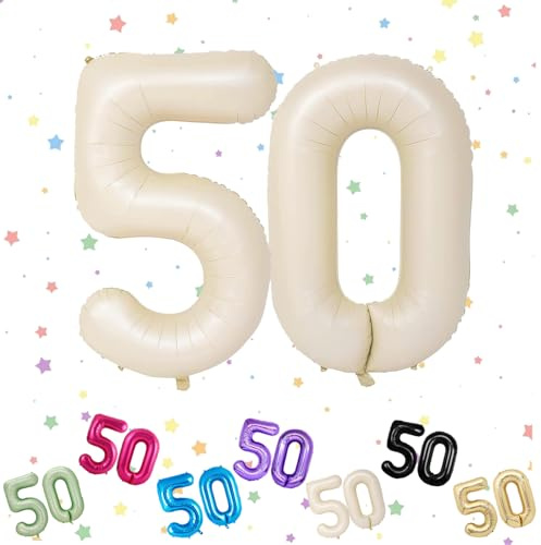 Globos de cumpleaños 50 años Beige, Foil Globo Numero 50, 101CM Globos de Helio Número 50, Crema Globos de Helio Número 50 Para Hombres Mujeres Cumpleaños Fiesta Aniversario, Vuelan con Helio