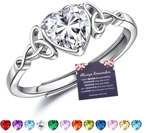 JeweBella Ring Silber 925 Damen Verstellbarer Herz Geburtsstein Keltischer Knoten Ringe Frauen Verlobungsring Eheringe Fingerring Trauringe Engagement Promise Ring Damen Ring Schmuck mit Geschenkbox
