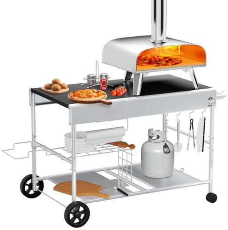 Denmay 128 x 66 x 78 cm carro de barbacoa para Weber Q Serie, Ninja Woodfire, horno de pizza, parrilla de mesa, horno para pizza, carrito de servir con gran superficie de trabajo, mesa de barbacoa al