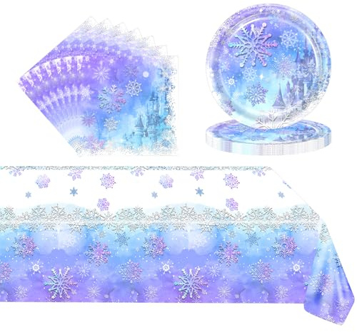 POPOYU 37Pcs Snowflake Party Tableware Set for 16 Guests,Snowflake Paper Plates,Napkins and Table Cloth,Snow flake Party Decorations for Christmas Winter New Year Girls Birthday PartySupplies