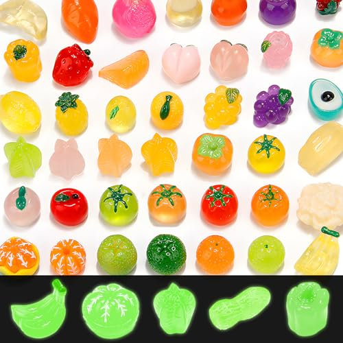 VEINARDYL 60 pcs Mini Luminous Fruits Vegetables Figurines, Resin Tiny Artificial Fruit Vegetables Glow in The Dark, Fake Miniature Food Decoration for DIY Art Crafts Miniature Landscapes Garden Home