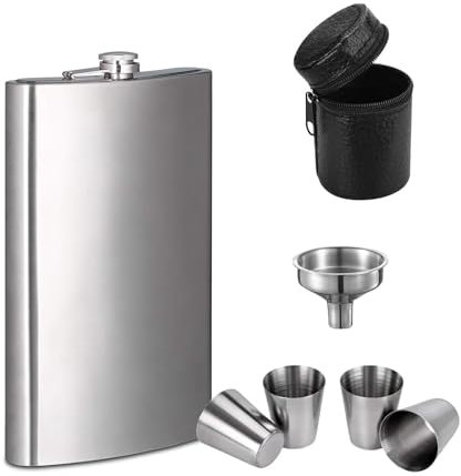 DEANKEJI da 4 Pezzi da 30 ml di Bicchieri da Vino Fiaschetta Tascabile, Acciaio Inossidabile a 12 once Fiaschetta, Fiaschetta per Liquori con Supporto in Vetro a Imbuto e Vino in Pelle per Escursioni