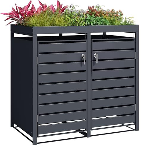 Wheelie Bin Cover with Planter, Galvanised Steel, Anthracite Grey, Bin Hideaway (Double)