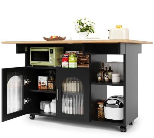 Huayz Isla de cocina, muebles de cocina modernos, muebles de cocina, carro de servir extraíble, buffet, carrito de comedor con grano de madera, armario buffet, mesa de comedor multifuncional