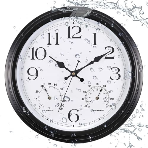 Vigorwise 15 Inch Black Metal-Frame Outdoor Clocks Waterproof Wall Clock