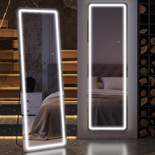ZKIODV Miroir sur Pied -160 x 50 cm Miroir LED, Grand Miroir Mural avec 3 Couleurs & Dimmable Lumiere, Miroire Pleine Longueur pour Chambre, Salon, Entree (Noir)