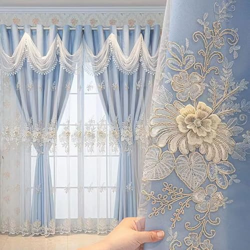 Rideaux brodés double couche avec cantonnière ondulée pour salon ou chambre à coucher