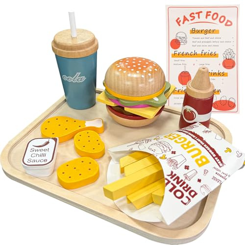 Acelane Kinderküche Zubehör, Holz Kinder Lebensmittel Spielzeug Set, Fast Food Hamburger Pommes Shop Zubehör, für Jungen Mädchen ab 3 Jahren Rolle Spielen Geschenk