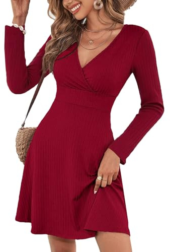 UUAISSO Vestito Estivo Casual Aderente a Coste con Scollo a V da Donna a Maniche Corte Tinta Unita Maniche Lunghe Rosso XXL