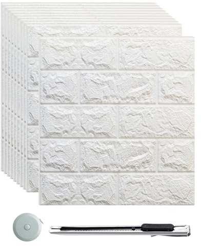 mymai 3D Tapete Wandpaneele Selbstklebend,10 Stück Ziegel Tapete,Steinoptik Tapete Wasserdicht Wandaufkleber, 35×38.5cm Wandtapete Schaumstoff,für Küche Wohnzimmer Schlafzimmer Kinderzimmer (Weiß)