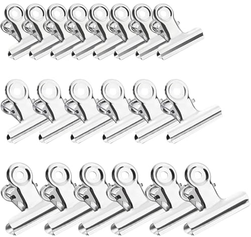 Lot de 20 clips Bulldog en 3 tailles (6,5 cm - 5 cm - 3 cm) - Pinces de fermeture solides en acier inoxydable - Pour sacs alimentaires, cuisine, bureau, bricolage et dossiers
