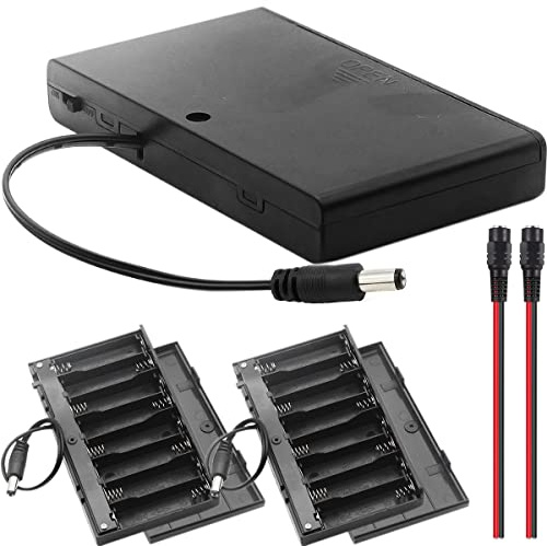 HAAMNING7 AA 12 V batterihållarfodral med 2,1 mm x 5,5 mm DC-kontaktbrytare, 12 volt Power DC Jack plastbatterilåda, 8 x 1,5 V AA-batterilåda på/av-brytare för arduino RC LED-remsor, 2 st