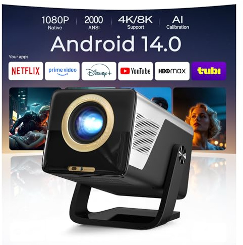 [2000 ANSI & 1080P Nativo] Proyector Inteligente X7 (Android 14), Soporte 8K/4K, Calibración Visual IA, Enfoque y Corrección Automática, WiFi 6, Bluetooth 5.4, Mando por Voz Air Mouse, Audio Hi-Res