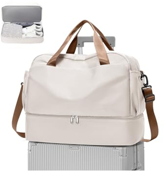 WEPLAN Duffelväska Dam Handbagage Väska 45x36x20 Easyjet Weekendväska Kvinnor Män övernattningsväska Kabinväska Sportväska Sjukhusväska med Skofack Kappsäck Gymväska Resväska,C01-Beige med Brunt