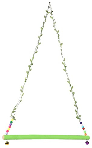 Juqrelith Columpio para Aves Grandes de Madera Natural, Juguete Colgante con Hoja Artificial Verde para Gallinas y Loros - Material No Tóxico, Fácil Instalación, Diversión y Decoración