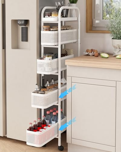 UMDONX Metal Kitchen Storage Trolley with Pull out Basket Narrow 5 Tier | Vegetable Fruit Organiser Rack, Utility Rolling Cart on Lockable Wheels, Pantry Shelf Slim Shelving Unit, White