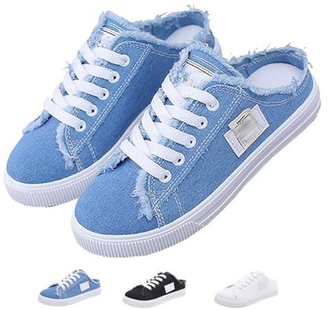 Mules en jean pour femme, mules en toile, baskets à enfiler à bout rond, chaussures plates confortables pour une tenue décontractée