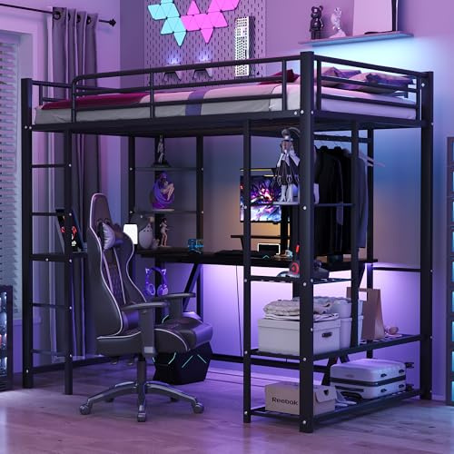 luckdect Lit Mezzanine en Métal 90x200 cm, Multifonctionnel Lit Loft avec Bureau, Suspension Simple et étagères Derangement, pour Adulte et Adolescent, Garçon ou Fille