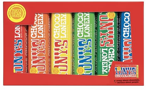 Tony's Chocolonely Rainbow Tasting Pack – 288 g, pequeñas barras de chocolate, paquete de selección, caja de regalo, 6 sabores, vegetariano, chocolate belga de comercio justo