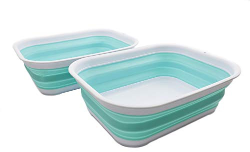 SAMMART 12L (3.17 Gallon) Collapsible Tub - Foldable Dish Tub - Portable Washing Basin - Space Saving Plastic Washtub (2, White/Lake Green)