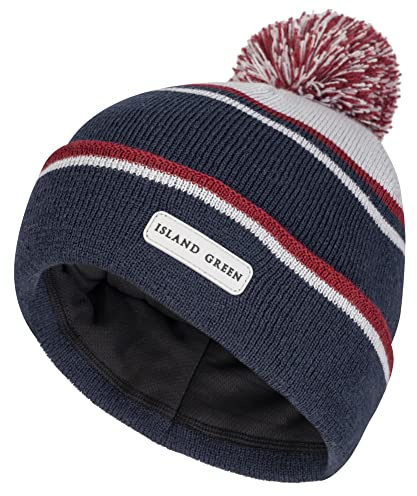 Island Green IGHAT2135 Bonnet à pompon tricoté pour hommes avec bande intérieure douce, Bleu marine/gris clair/rouge foncé, Taille unique