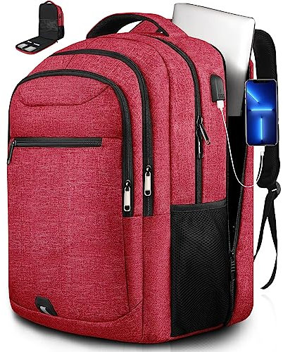 Big Travel Backpack, Large Laptop Backpack, TSA Approved Bag 42L, Anti-Theft Water Resistant Computer Daypack 17.3 Inch with USB Port, Business College Teacher Weekender Back Pack for Men Women, Red