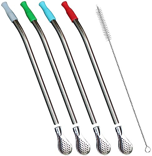 Reusable Bombilla Yerba Mate Straw - Stainless Steel Removable Spoon Style Filter with Soft Silicone Tip - Metal Straw for Drinking Loose Leaf Tea, Coffee - Includes Cleaning Brush by Beruth