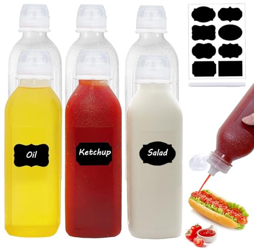 WAYDA Condiment Squeeze Bottles,6 Pack Squeeze Bottles for Sauces, Ketchup Salad Dressing Container, 17oz Plastic Bottles with Squeeze Top for Liquids, BBQ Sauce, Oil