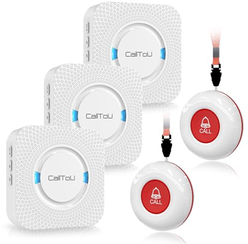 CallToU Botón de Llamada de Emergencia Botón de Llamada inalámbrico de Alarma de Enfermera más de 500 pies para el hogar/Personas Mayores/Pacientes/discapacitados (2 transmisores 3 receptores)