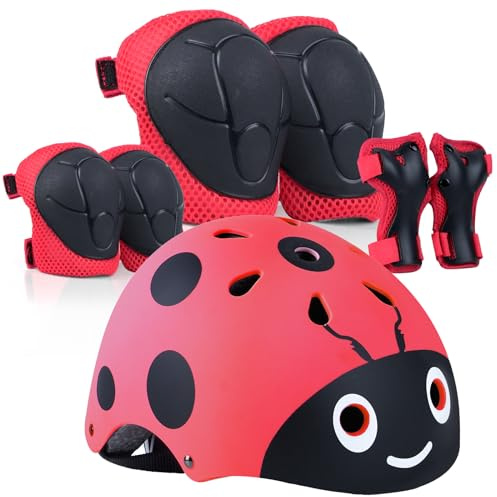 LANOVAGEAR Casque pour Enfants avec genouillères, Coudières et Protège-Poignets, Sets de Protection Rollers avec Casque Vélo Enfant Réglable pour Skateboard Cyclisme Garcon Fille (Rouge-jkc, M)