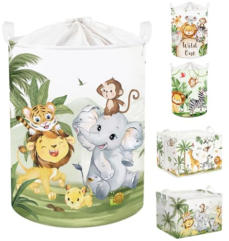 Clastyle Ceste Biancheria Bambini Animale Tropicale Cestino Giocattoli Vestiti per Ragazzo Ragazza Cestino Portaoggetti per Bagno Cameretta Bucato, Leone Elefante, 40x50 cm