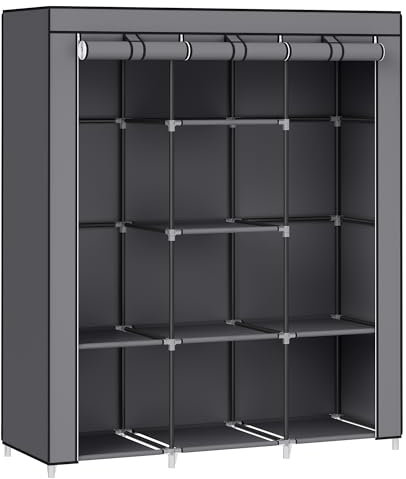 SONGMICS Kleiderschrank, Garderobe, Kleiderständer mit Vliesstoffbezug, Hängestangen, Ablagen, 45 x 130 x 168 cm, große Kapazität, für Schlafzimmer, Wohnzimmer, Taubengrau RYG096G01
