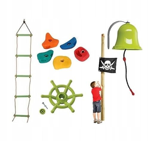GigiToys® Kinder Set auf dem Spielplatz 5w1 | Leiter, Glocke, Ruder, Klettersteine, Fahne | Belastung 50kg | Outdoor | Spielzeug für zu Baumhaus Kinderset zum Klettern | limonengrün