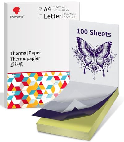 Phomemo 100 Blätter Tattoo Transfer Papier, Tattoo Stencil Papier Transferpapier, A4 Schablonenpapier, Tattoo Paper für M08F TP81 TP83 TP88 Tattoo Drucker