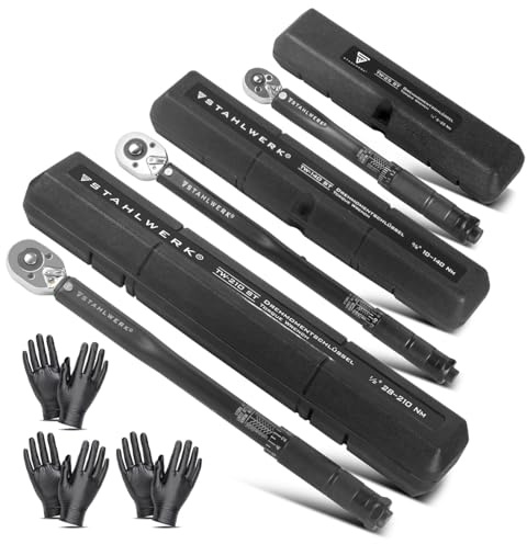 STAHLWERK Chiave dinamometrica, set di tre chiavi dinamometriche da 1/4, 3/8 e 1/2 a 210 NM, chiave a cricchetto, cricchetto con scala micrometrica