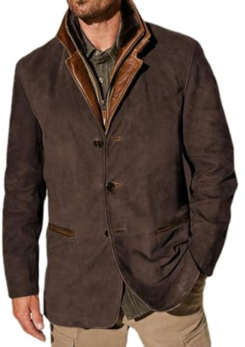 Giacche Vintage in Camoscio da Uomo, Blazer Doppio Strato con Risvolto in Pelliccia, Collo in Pelle, Lunghezza Media, Blazer da esterno per l'autunno e l'inverno, marrone, XL
