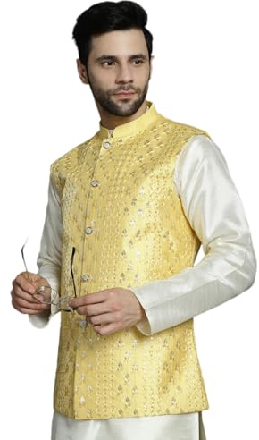 Maple Clothing Chikankari Nehru Jacket Men's Traditional India Modi Waistcoat Vest Guest Outfit (Yellow, S)