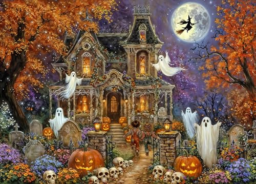 Halloween Castle Jigsaw Puzzles for Adults 1000 Piece | Back Letters Hints/A-D Sections, Finished Size 70×50cm, 1:1 Poster Included, Dust-Free, Ideal Halloween Gifts
