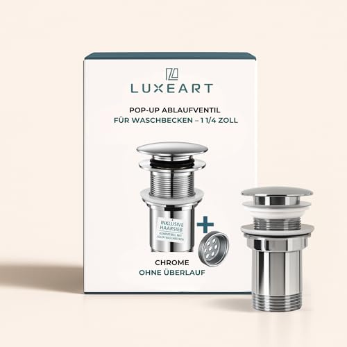 LUXEART Popup avloppsventil för tvättställ – G1 1/4 tum, utan bräddavlopp – högkvalitativ mässing, glänsande krom, klick-click-click-funktion, verktygsfri montering