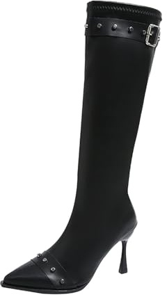 Stivali lunghi da donna, eleganti stivali in pelle, a punta, con tacco alto, al ginocchio, con fibbia per cintura, tacchetti e chiusura lampo laterale, Nero , 43 EU