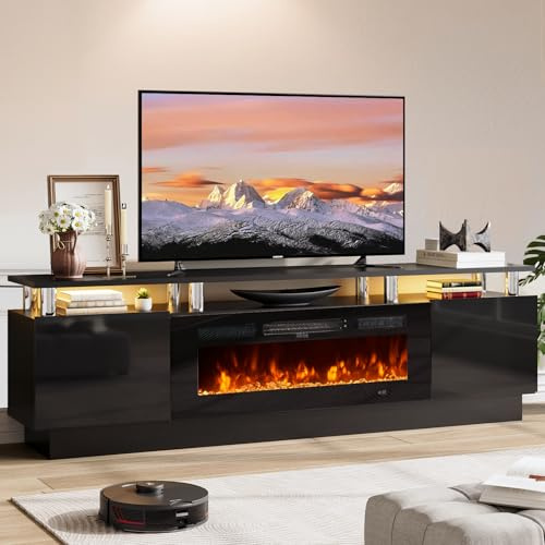 OneBlis 70 TV Stand for Living Room, Modern Entertainment Center & Media Console, Fits TVs up to 80, Storage Cabinet with Shelves, 36 Electric Fireplace with LED Flame (All Black)