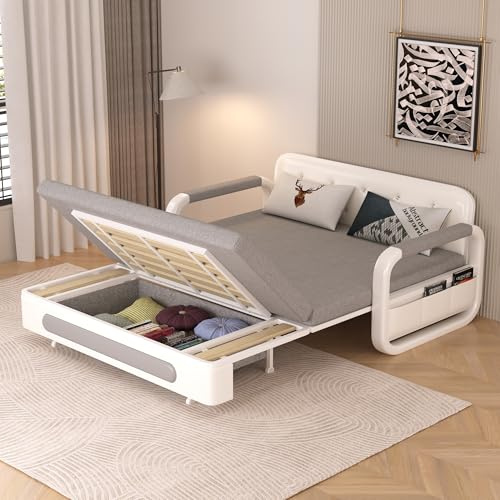 KAANAA Ausziehbares Schlafsofa - Sofa mit Schlaffunktion und Stauraum, Schlafcouch für kleine Räume und Wohnzimmer, Dunkelgrau und Weiß (150cm)