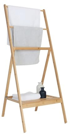 Relaxdays Handduksställ bambu, vikbar, hylla, 3 stänger, natur | HxBxD: 112 x 55 x 44,5 cm, handdukshylla