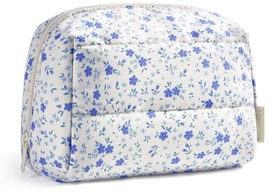 BAGSMART Makeup Bag, Wide Opening Cosmetic Bag Compact & Spacious, Water-Resistant Travel Organizer Pouches for Women (Blue Ditsy Floral)