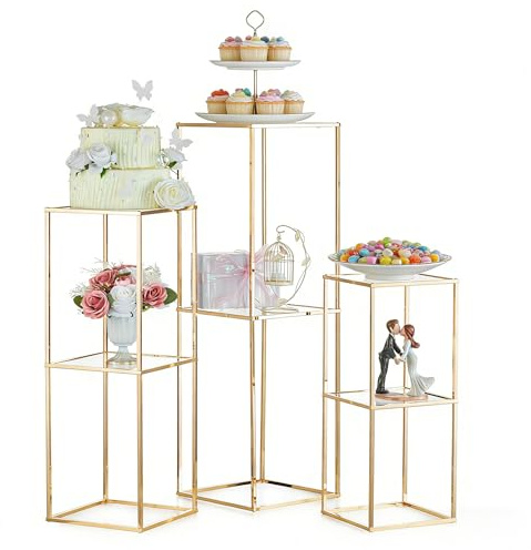 NUPTIO Pedestal cilíndrico para fiestas: mesa de pastel de 3 piezas para fiestas de cumpleaños, soporte de exhibición de flores doradas para decoración de telón de fondo de boda