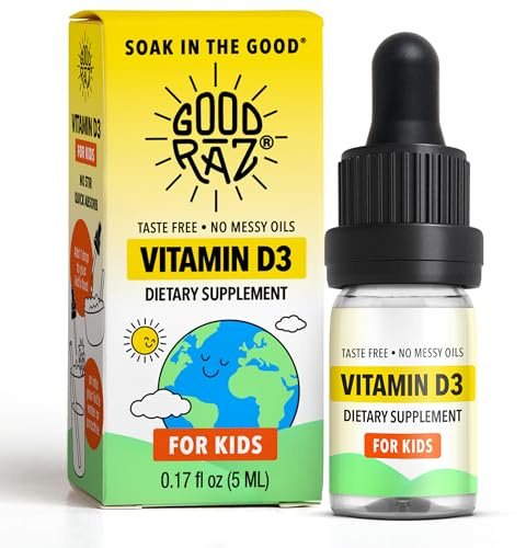 Good Rāz Vitamin D3 Drops for Kids 0.17 fl oz (5 ml) – Taste Free Liquid Dietary Supplement for Kids – Non-GMO, Gluten-Free, Kosher, Daily Liquid Vitamin in Easy Dropper Bottle