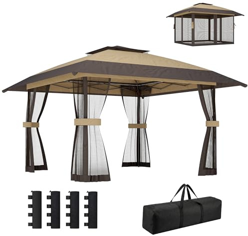 Outsunny Carpa Plegable 4x4 m Pop-up Doble Techo 4 Paredes Malla Caqui