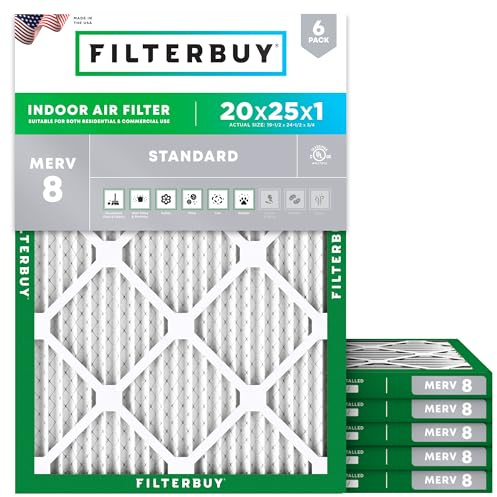 Filterbuy 20x25x1 Air Filter MERV 8 Dust Defense (6-Pack), Pleated HVAC AC Furnace Air Filters Replacement (Actual Size: 19.50 x 24.50 x 0.75 Inches)